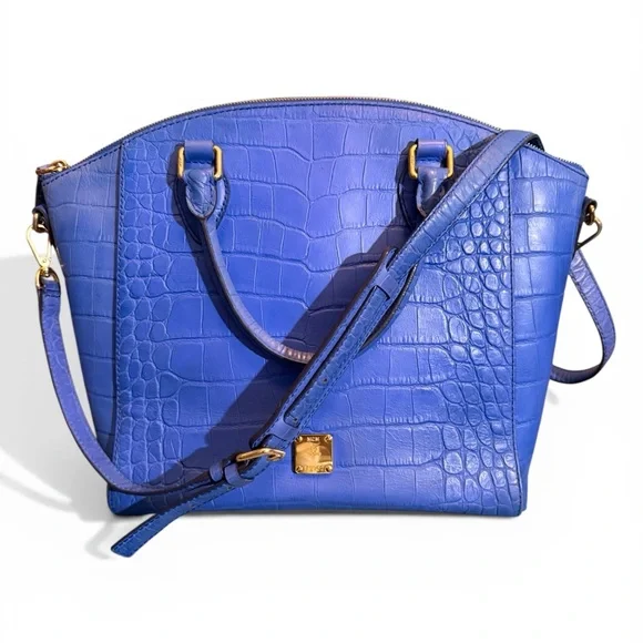 MCM Blue Croc-Embossed Leather Satchel Shoulder Bag EUC - Picture 1 of 8